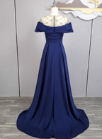 Elegant Navy Blue Train Beaded Satin Prom Dresses Evening Dresses