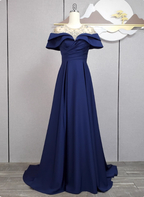 Elegant Navy Blue Train Beaded Satin Prom Dresses Evening Dresses