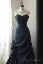 Elegant Navy Blue Vintage Style Taffeta Long Prom Dress, Navy Blue Party Dress