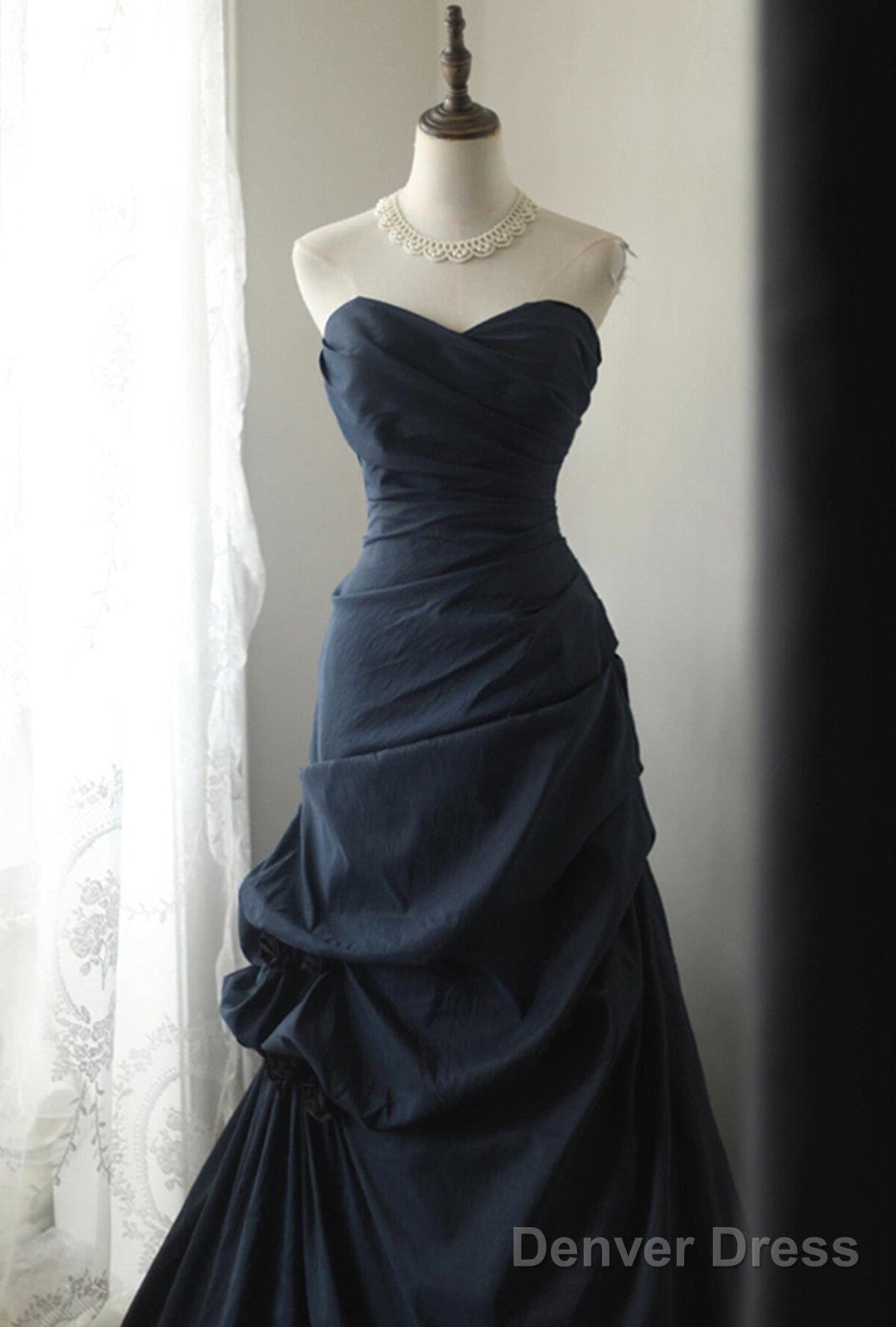Elegant Navy Blue Vintage Style Taffeta Long Prom Dress, Navy Blue Party Dress