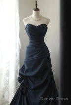 Elegant Navy Blue Vintage Style Taffeta Long Prom Dress, Navy Blue Prom Dresses