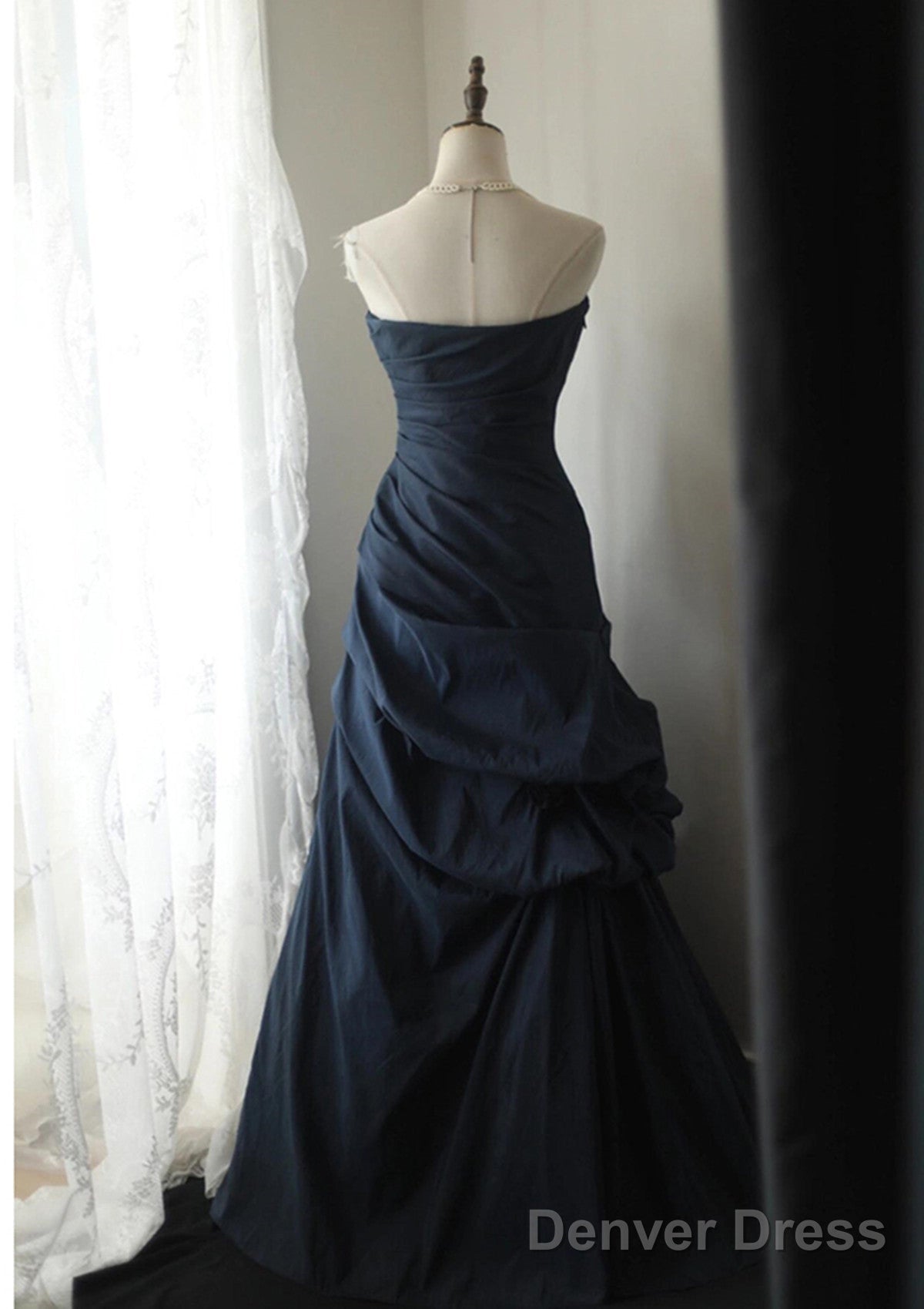 Elegant Navy Blue Vintage Style Taffeta Long Prom Dress, Navy Blue Party Dress