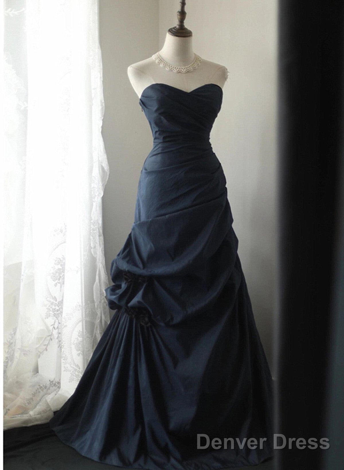 Elegant Navy Blue Vintage Style Taffeta Long Prom Dress, Navy Blue Prom Dresses Main image