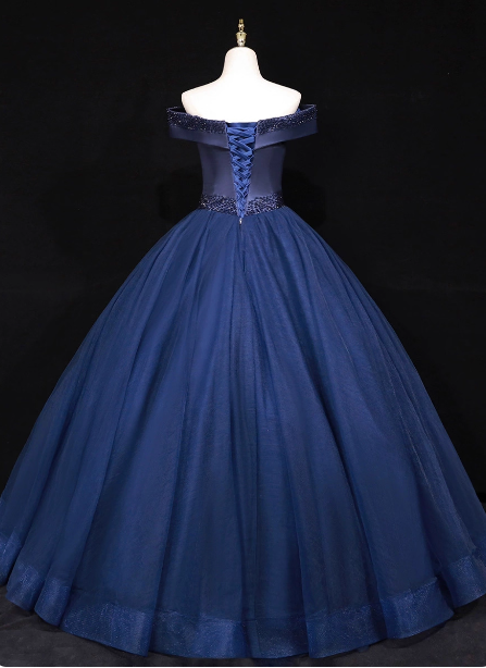 Elegant Navy Blue Off-The-Shoulder Beaded Satin Tulle Long Prom Dresses Evening Dresses Secondary image