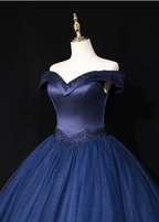 Elegant Navy Blue Off-The-Shoulder Beaded Satin Tulle Long Prom Dresses Evening Dresses