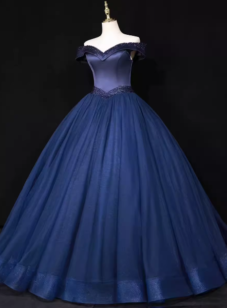 Elegant Navy Blue Off-The-Shoulder Beaded Satin Tulle Long Prom Dresses Evening Dresses