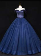 Elegant Navy Blue Off-The-Shoulder Beaded Satin Tulle Long Prom Dresses Evening Dresses