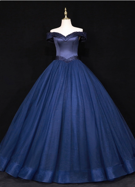Elegant Navy Blue Off-The-Shoulder Beaded Satin Tulle Long Prom Dresses Evening Dresses
