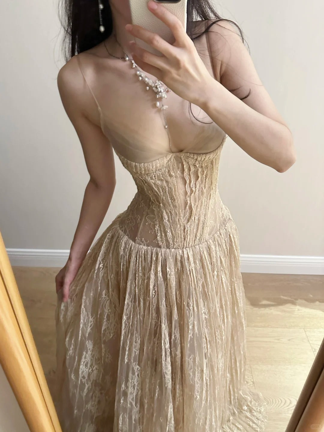 Elegant Nude Apricot A-Line Deep V Halter Lace Long Prom Dresses Evening Dresses Bridesmaid Dresses