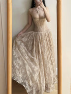 Elegant Nude Apricot A-Line Deep V Halter Lace Long Prom Dresses Evening Dresses Bridesmaid Dresses