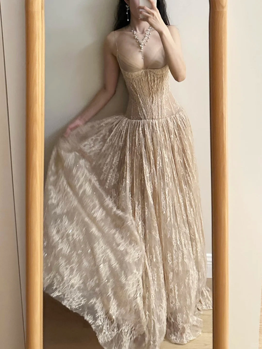Elegant Nude Apricot A-Line Deep V Halter Lace Long Prom Dresses Evening Dresses Bridesmaid Dresses