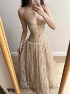 Elegant Nude Apricot A-Line Deep V Halter Lace Long Prom Dresses Evening Dresses Bridesmaid Dresses