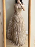 Elegant Nude Apricot A-Line Deep V Halter Lace Long Prom Dresses Evening Dresses Bridesmaid Dresses