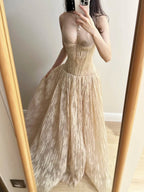 Elegant Nude Apricot A-Line Deep V Halter Lace Long Prom Dresses Evening Dresses Bridesmaid Dresses