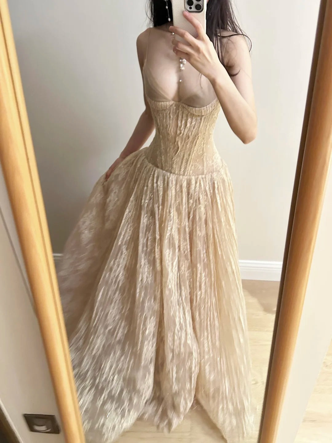 Elegant Nude Apricot A-Line Deep V Halter Lace Long Prom Dresses Evening Dresses Bridesmaid Dresses