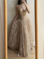 Elegant Nude Apricot A-Line Deep V Halter Lace Long Prom Dresses Evening Dresses Bridesmaid Dresses