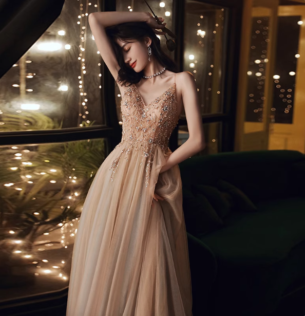 Elegant Nude Apricot A-Line Spaghetti Strap V-Neck Beaded Tulle Long Prom Dresses Evening Dresses Secondary image