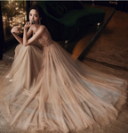 Elegant Nude Apricot A-Line Spaghetti Strap V-Neck Beaded Tulle Long Prom Dresses Evening Dresses