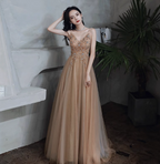 Elegant Nude Apricot A-Line Spaghetti Strap V-Neck Beaded Tulle Long Prom Dresses Evening Dresses