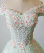 Elegant Off Shoulder Light Green Tulle Sweet 16 Dresses, Long Prom Gowns