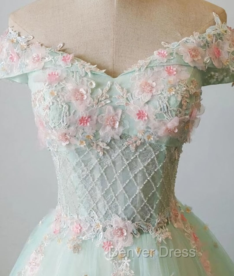Elegant Off Shoulder Light Green Tulle Sweet 16 Dresses, Long Prom Gowns