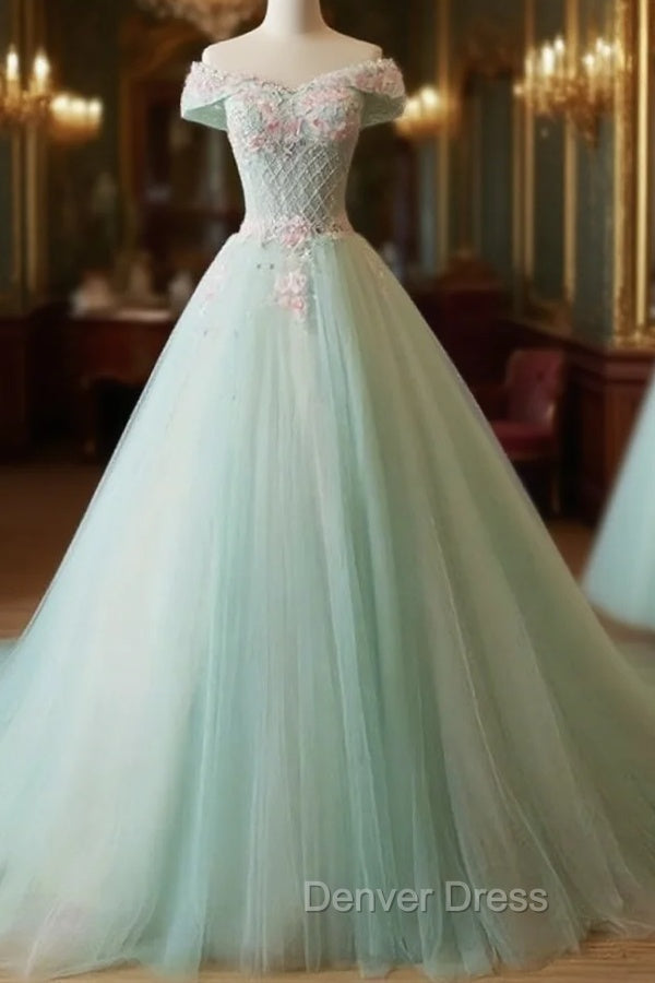 Elegant Off Shoulder Light Green Tulle Sweet 16 Dresses, Long Formal Gown