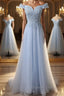 Elegant Off Shoulder Long Sky Blue Lace Prom Dress, Off Shoulder Sky Blue Prom Dress, Sky Blue Lace Prom Dresses