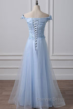 Elegant Off Shoulder Long Sky Blue Lace Prom Dress, Off Shoulder Sky Blue Prom Dress, Sky Blue Lace Prom Dresses