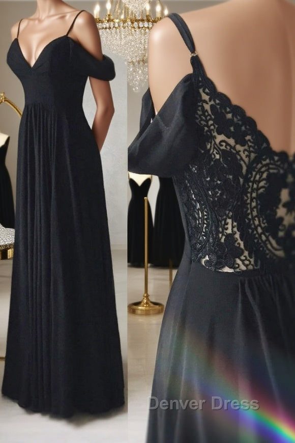 Elegant Off the Shoulder Black Long Prom Dress with Lace Back, Off Shoulder Black Lace Prom Dresses Main image