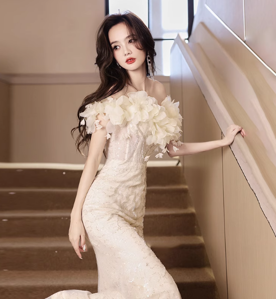 Elegant Off-White Mermaid Off-The-Shoulder 3D Floral Sequined Sheer Tulle Long Prom Dresses Evening Dresses