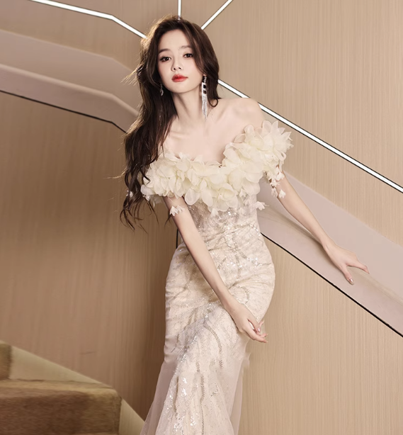 Elegant Off-White Mermaid Off-The-Shoulder 3D Floral Sequined Sheer Tulle Long Prom Dresses Evening Dresses