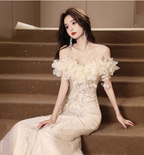 Elegant Off-White Mermaid Off-The-Shoulder 3D Floral Sequined Sheer Tulle Long Prom Dresses Evening Dresses