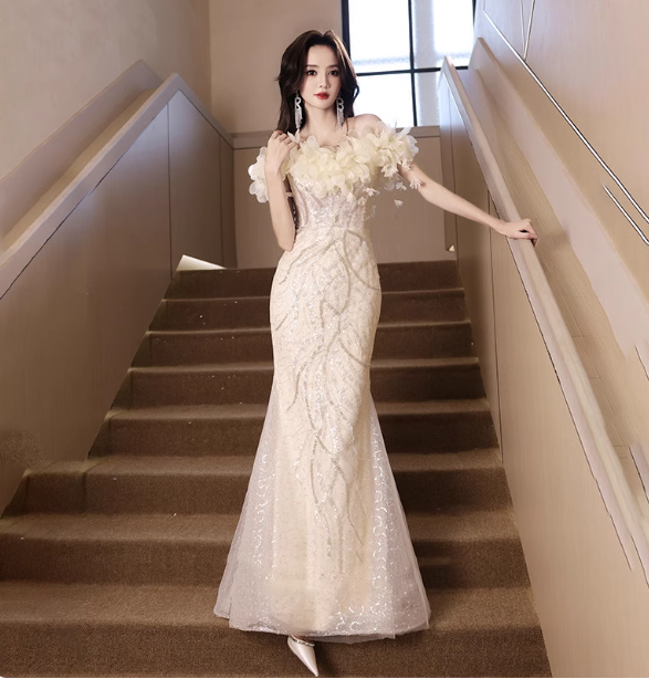 Elegant Off-White Mermaid Off-The-Shoulder 3D Floral Sequined Sheer Tulle Long Prom Dresses Evening Dresses Main image