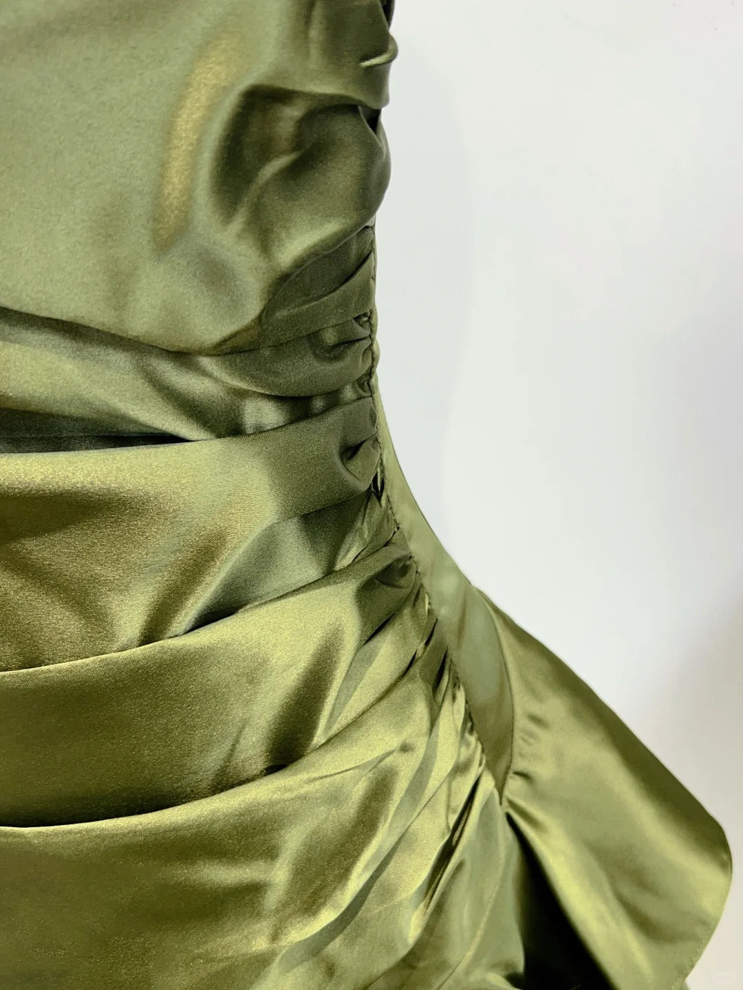 Elegant Olive Green Mermaid Ruffle Spaghetti Strap Satin Prom Dresses Evening Dresses