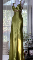 Elegant Olive-Green Mermaid V-Neck Backless Satin Long Prom Dresses Evening Dresses