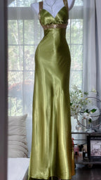Elegant Olive-Green Mermaid V-Neck Backless Satin Long Prom Dresses Evening Dresses