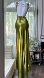 Elegant Olive-Green Mermaid V-Neck Backless Satin Long Prom Dresses Evening Dresses