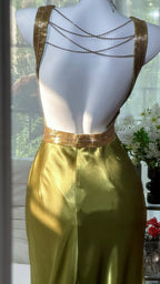 Elegant Olive-Green Mermaid V-Neck Backless Satin Long Prom Dresses Evening Dresses