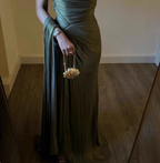 Elegant Olive Green One-Shoulder Ruffled Slit Satin Long Prom Dresses Evening Dresses