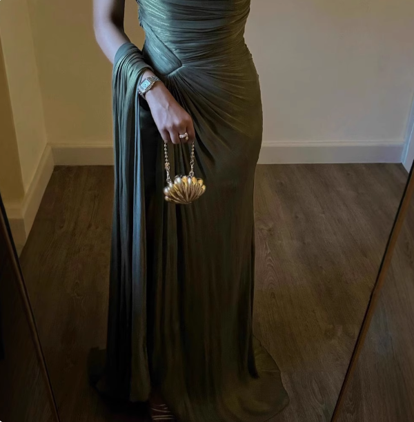 Elegant Olive Green One-Shoulder Ruffled Slit Satin Long Prom Dresses Evening Dresses