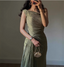 Elegant Olive Green One-Shoulder Ruffled Slit Satin Long Prom Dresses Evening Dresses