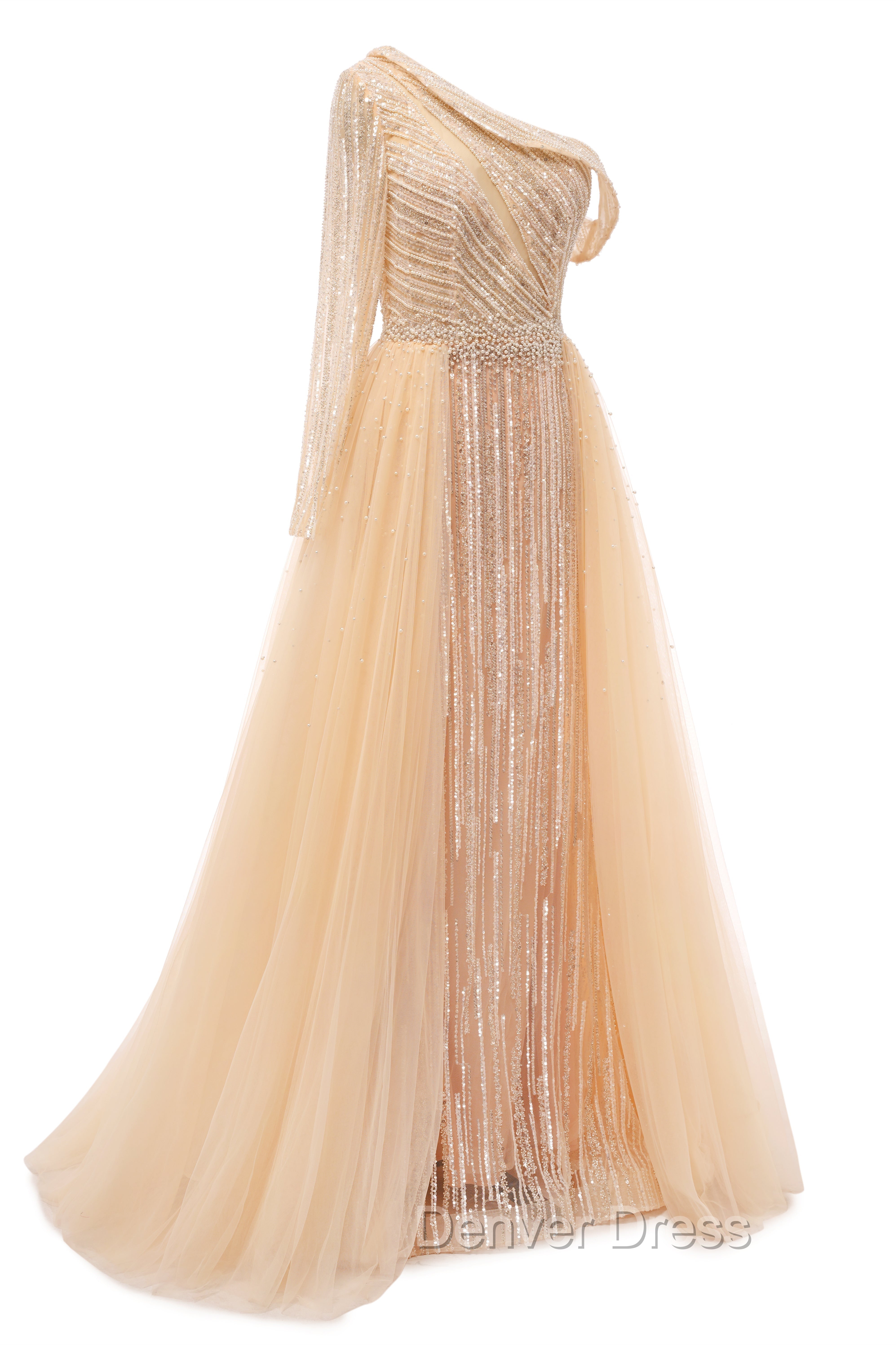 Elegant One Shoulder Beige Prom Dresses Sheer Beading Lace Formal Dresses Secondary image
