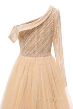 Elegant One Shoulder Beige Prom Dresses Sheer Beading Lace Formal Dresses