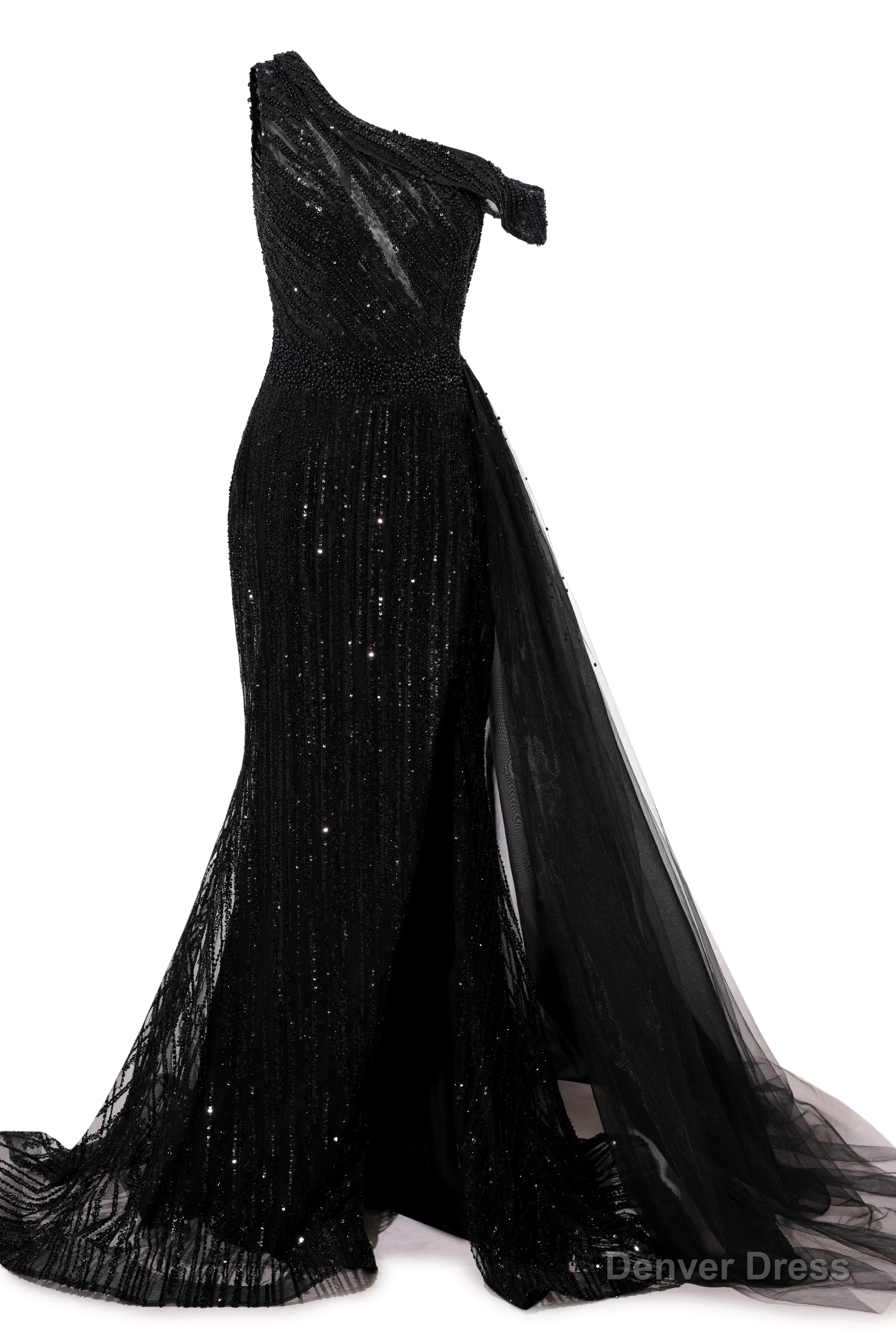 Elegant One Shoulder Black Prom Dresses Sheer Beading Lace Formal Dresses Main image