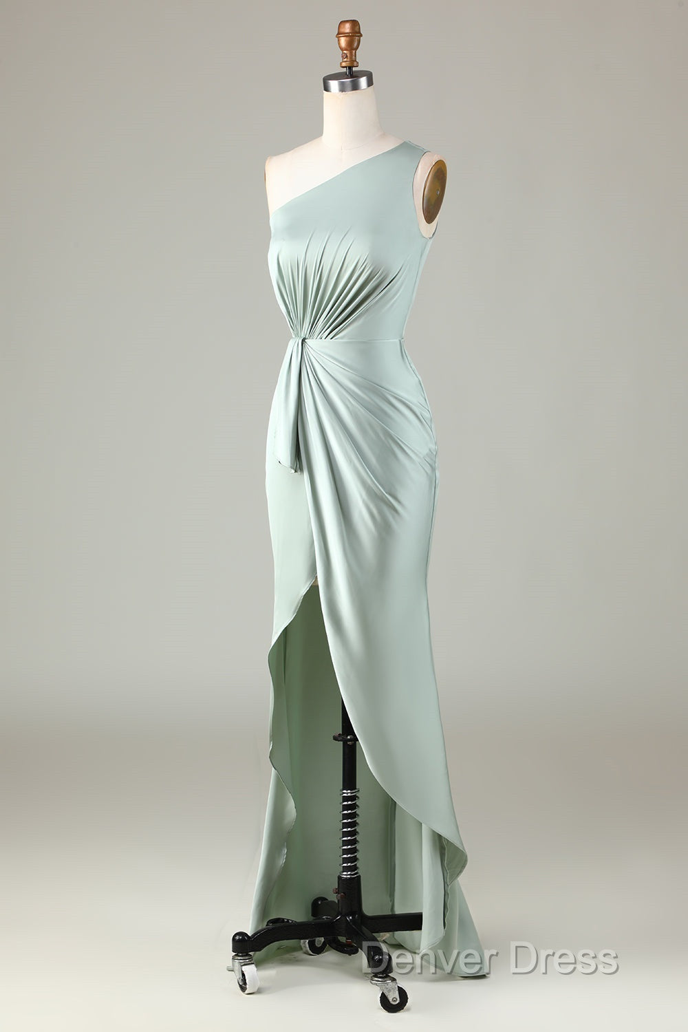 Elegant One Shoulder Matcha Ruched Long Bridesmaid Dresses Secondary image