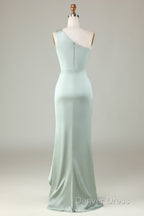 Elegant One Shoulder Matcha Ruched Long Bridesmaid Dresses