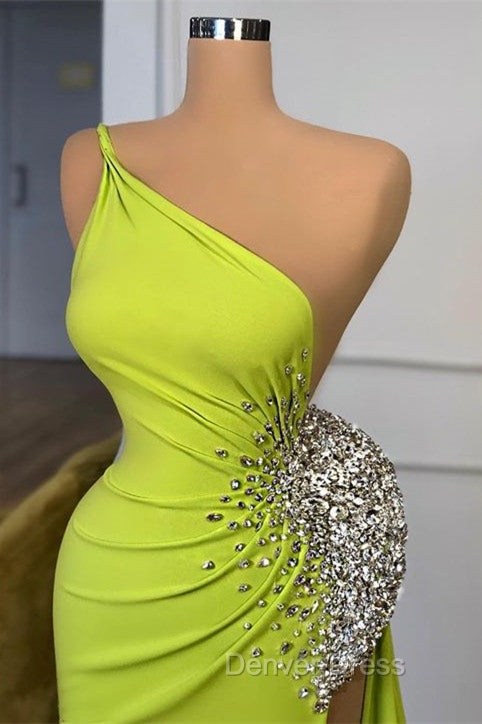 Elegant One Shoulder Mermaid Long Prom Dresses With Beads Slit