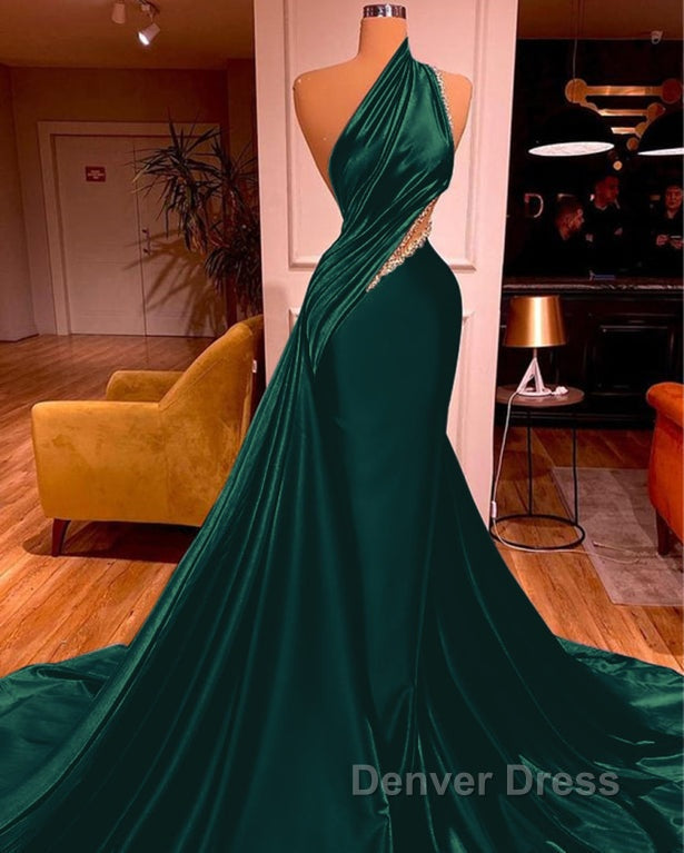 Elegant One Shoulder Mermaid Prom Dresses Long Pleated with Beads Secondary image