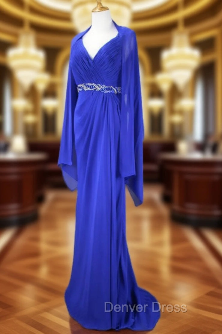 Elegant Open Back With Shawl V-neck Beaded Chiffon Royal Blue Main image