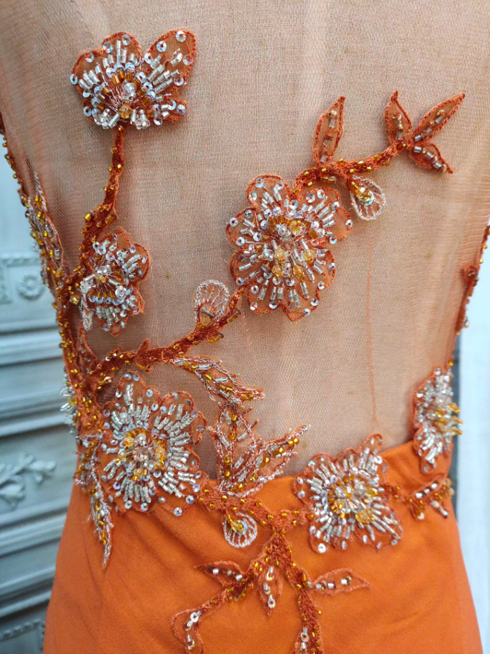 Elegant Orange Mermaid Spaghetti Strap Beaded Chiffon Long Prom Dresses Evening Dresses